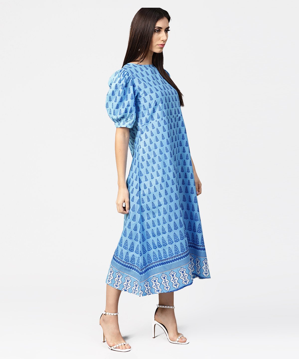 Blue Printed Ballon Style Puff Sleeve Cotton A-Line Dress | LASVINI - Redefining Indian Fashion with Elegance