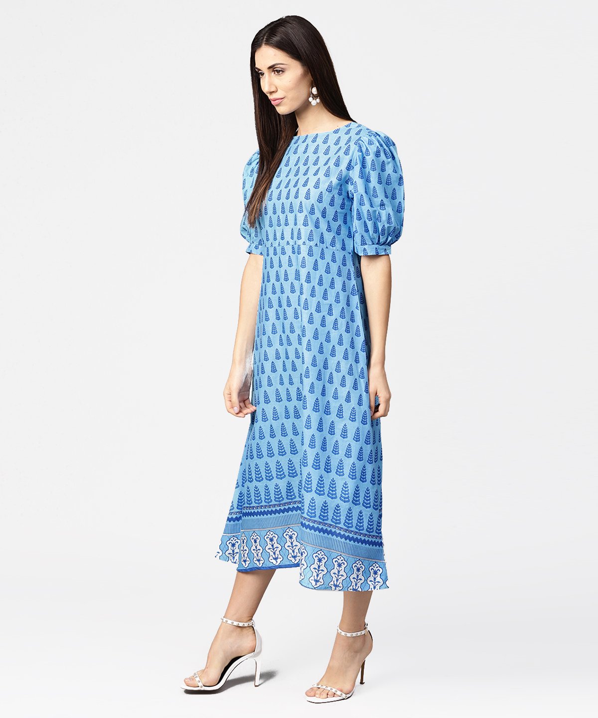 Blue Printed Ballon Style Puff Sleeve Cotton A-Line Dress | LASVINI - Redefining Indian Fashion with Elegance