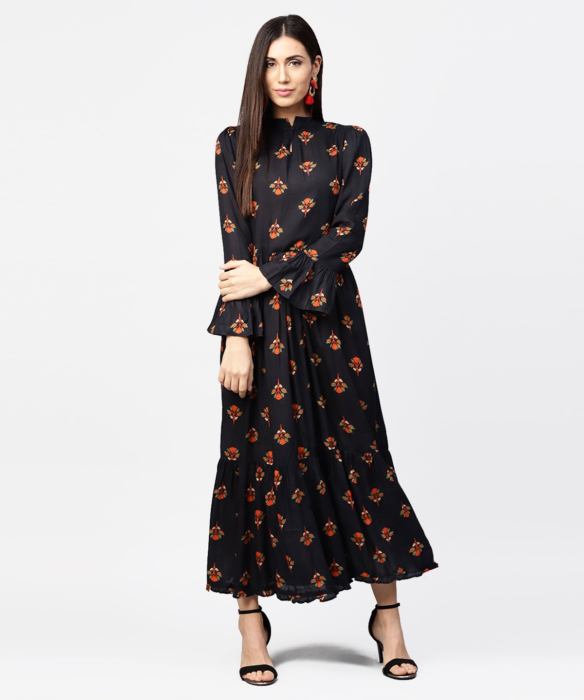 Dark Blue Full Sleeve Closed Neck Cotton Maxi Dress | LASVINI - Redefining Indian Fashion with Elegance