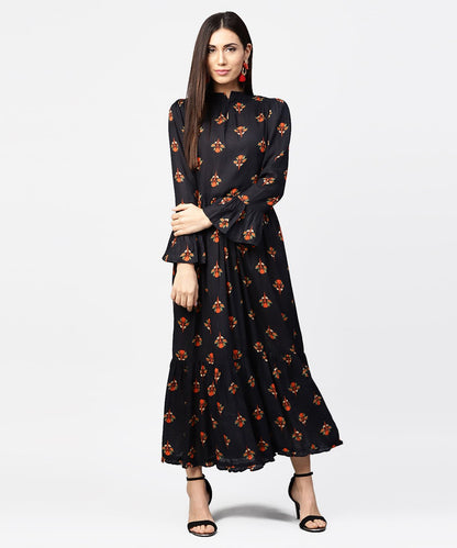 Dark Blue Full Sleeve Closed Neck Cotton Maxi Dress | LASVINI - Redefining Indian Fashion with Elegance