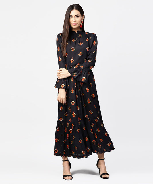 Dark Blue Full Sleeve Closed Neck Cotton Maxi Dress | LASVINI - Redefining Indian Fashion with Elegance