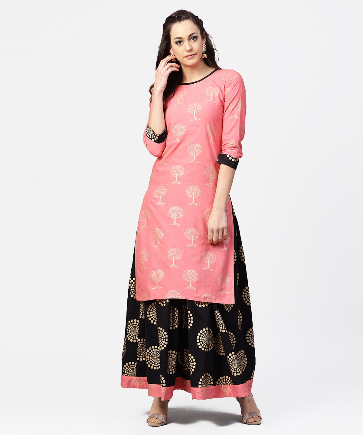 Peach 3/4Th Sleeve Cotton Printed Kurta With Black Printed Ankle Length Skirt | LASVINI - Redefining Indian Fashion with Elegance