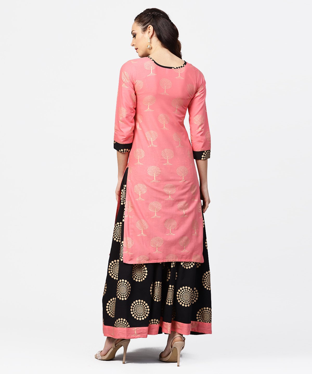 Peach 3/4Th Sleeve Cotton Printed Kurta With Black Printed Ankle Length Skirt | LASVINI - Redefining Indian Fashion with Elegance