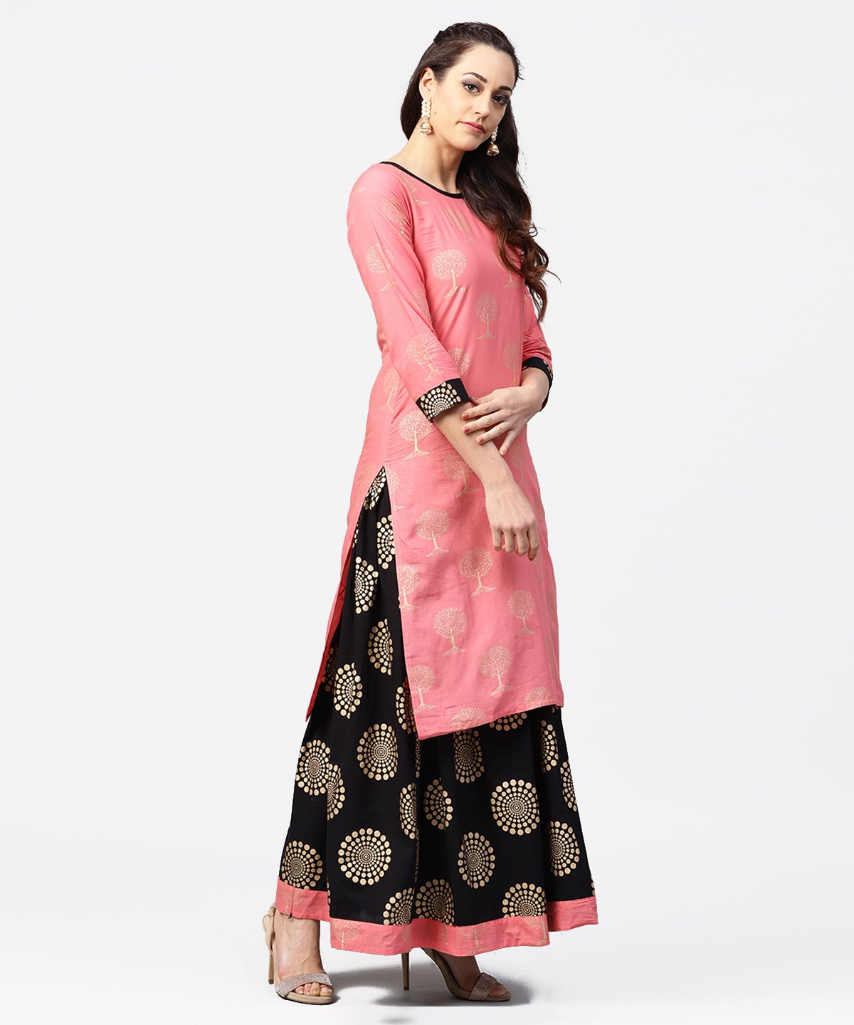Peach 3/4Th Sleeve Cotton Printed Kurta With Black Printed Ankle Length Skirt | LASVINI - Redefining Indian Fashion with Elegance