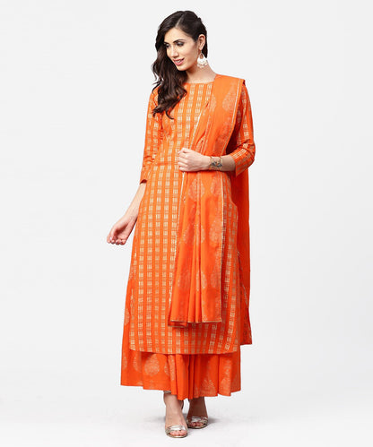 Yellow Printed 3/4Th Sleeve Cotton A-Line Kurta With Flared Pallazo & Dupatta | LASVINI - Redefining Indian Fashion with Elegance