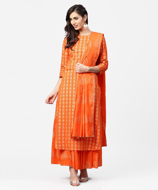 Yellow Printed 3/4Th Sleeve Cotton A-Line Kurta With Flared Pallazo & Dupatta | LASVINI - Redefining Indian Fashion with Elegance