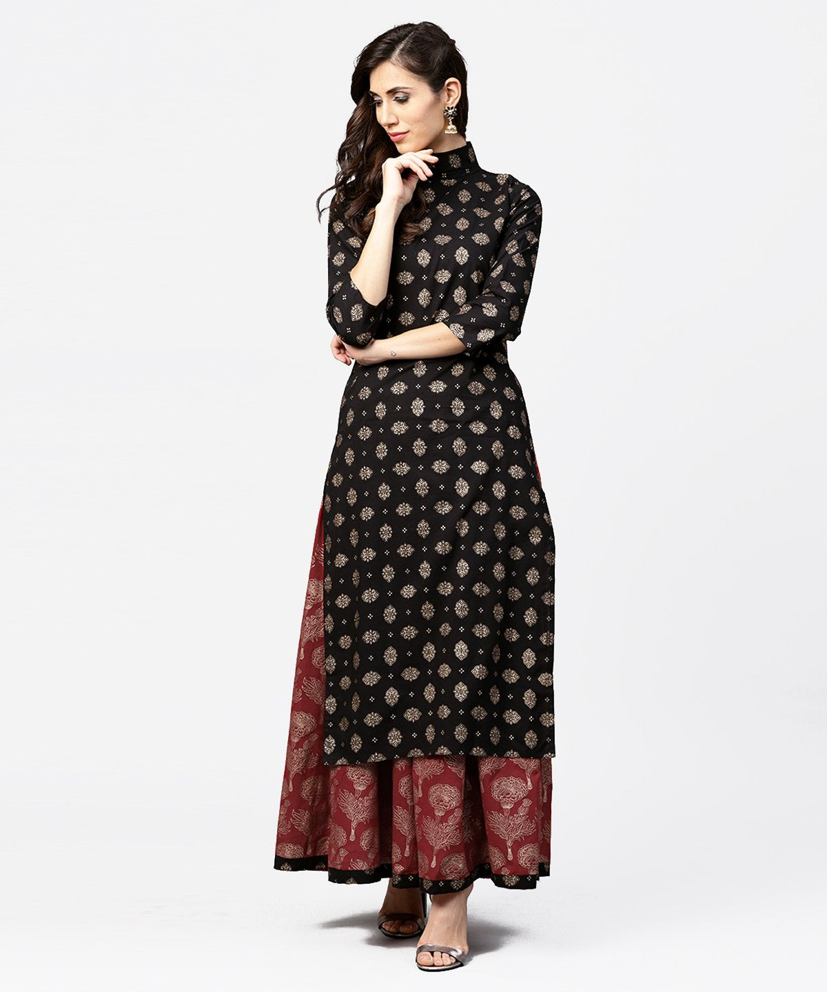 Black Printed 3/4Th Sleeve Cotton Kurta With Red Printed Flared Skirt | LASVINI - Redefining Indian Fashion with Elegance