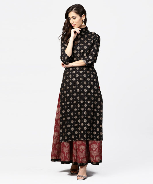 Black Printed 3/4Th Sleeve Cotton Kurta With Red Printed Flared Skirt | LASVINI - Redefining Indian Fashion with Elegance