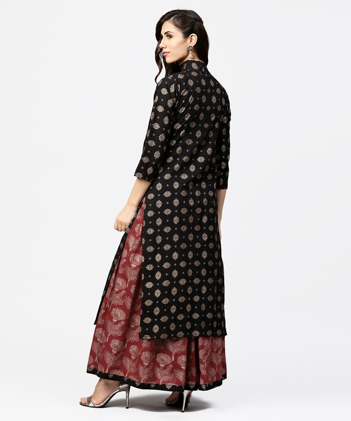 Black Printed 3/4Th Sleeve Cotton Kurta With Red Printed Flared Skirt | LASVINI - Redefining Indian Fashion with Elegance