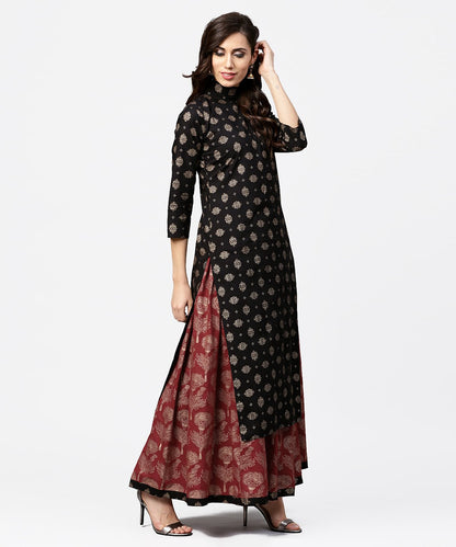 Black Printed 3/4Th Sleeve Cotton Kurta With Red Printed Flared Skirt | LASVINI - Redefining Indian Fashion with Elegance