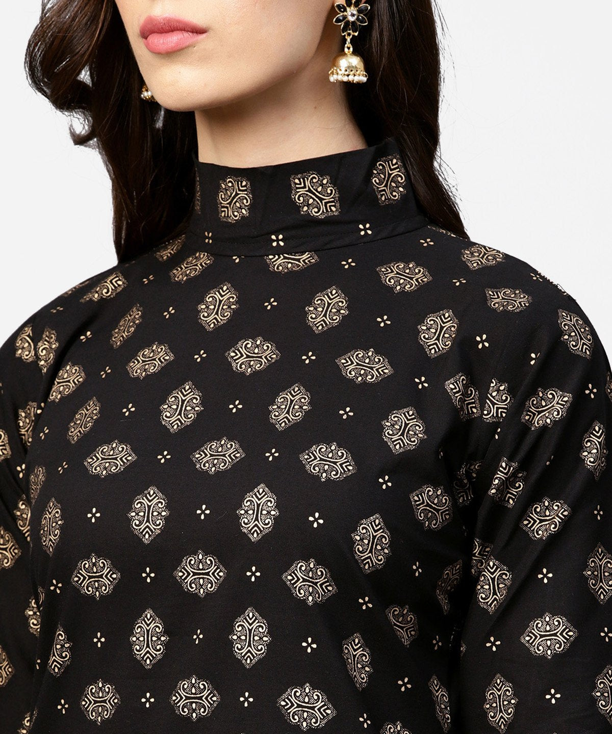 Black Printed 3/4Th Sleeve Cotton Kurta With Red Printed Flared Skirt | LASVINI - Redefining Indian Fashion with Elegance