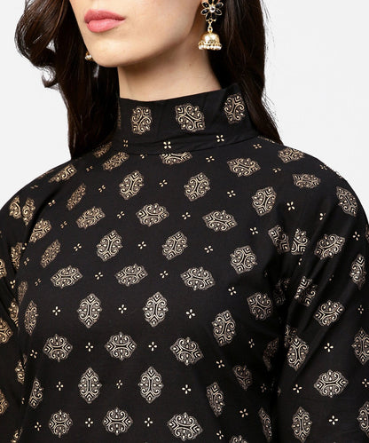 Black Printed 3/4Th Sleeve Cotton Kurta With Red Printed Flared Skirt | LASVINI - Redefining Indian Fashion with Elegance