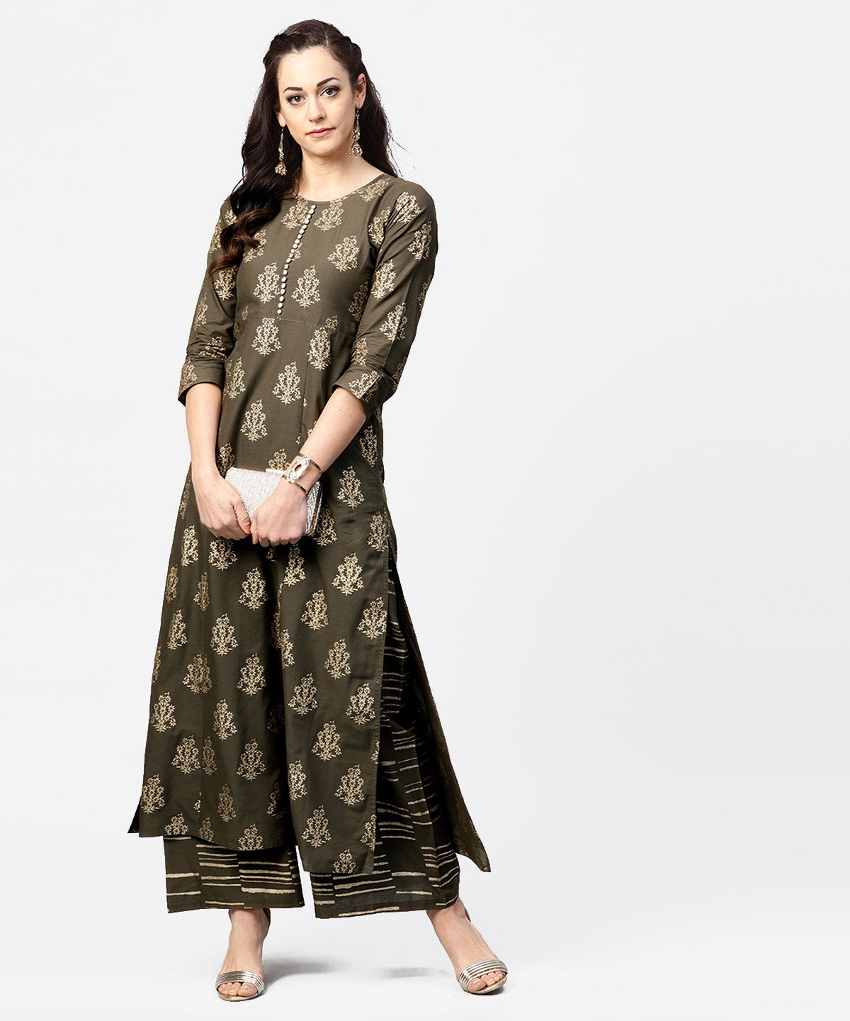 Dark Grey Printed 3/4Th Sleeve Cotton Printed A-Line Kurta With Printed Pallazo | LASVINI - Redefining Indian Fashion with Elegance