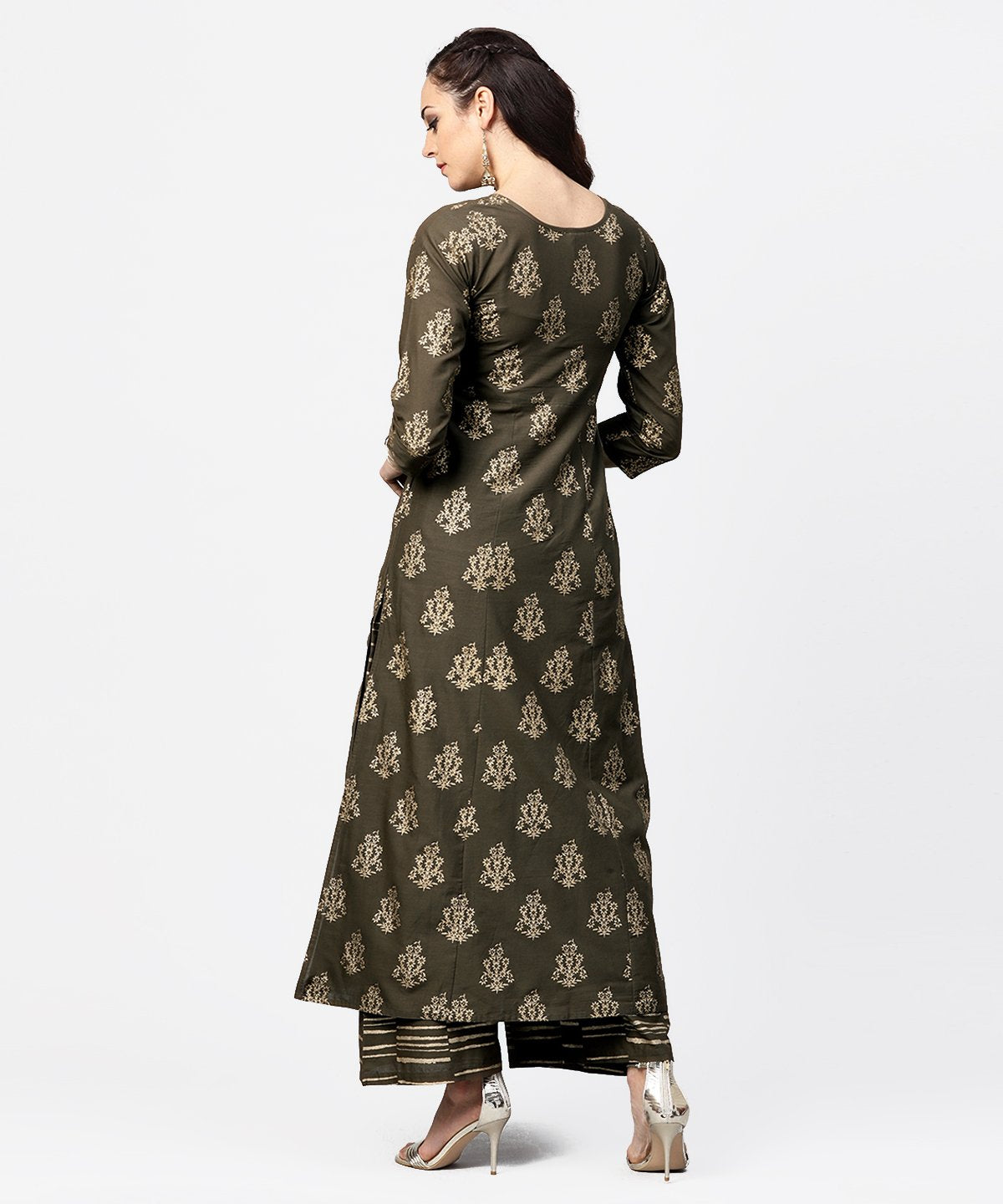 Dark Grey Printed 3/4Th Sleeve Cotton Printed A-Line Kurta With Printed Pallazo | LASVINI - Redefining Indian Fashion with Elegance