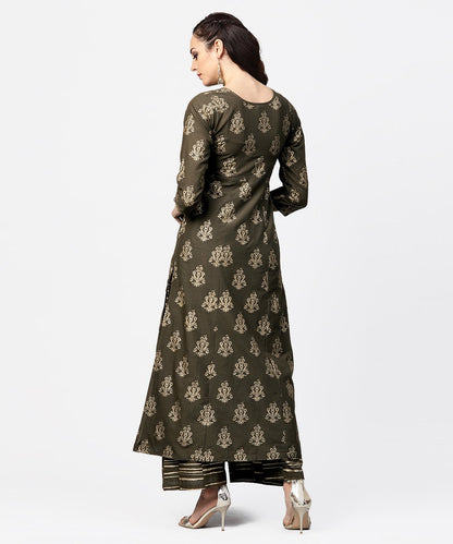 Dark Grey Printed 3/4Th Sleeve Cotton Printed A-Line Kurta With Printed Pallazo | LASVINI - Redefining Indian Fashion with Elegance