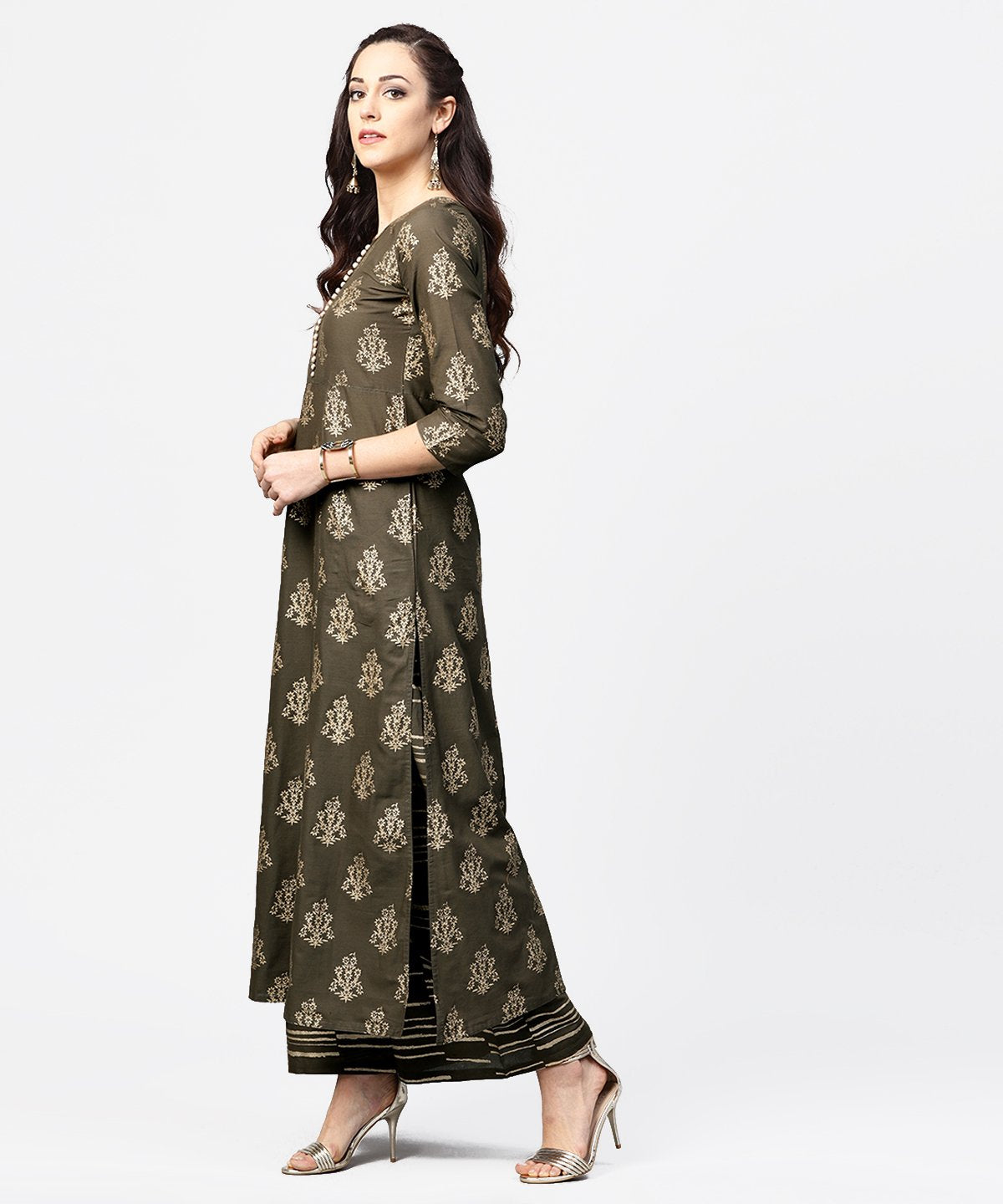 Dark Grey Printed 3/4Th Sleeve Cotton Printed A-Line Kurta With Printed Pallazo | LASVINI - Redefining Indian Fashion with Elegance
