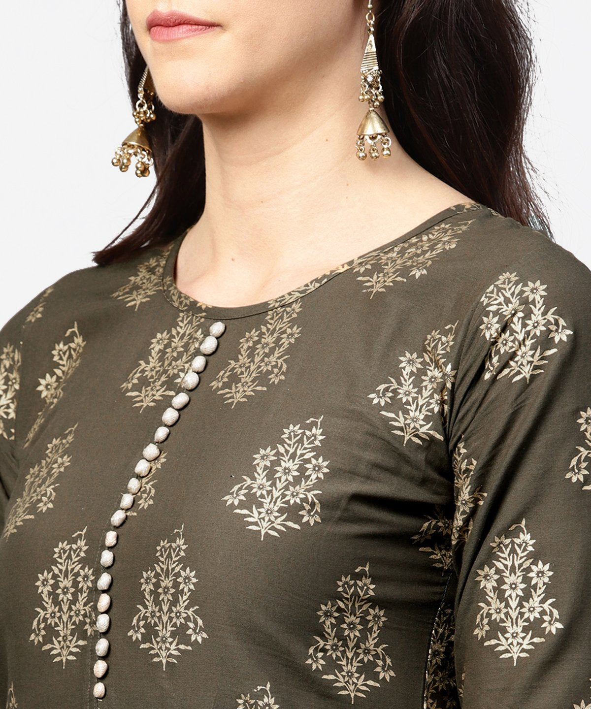 Dark Grey Printed 3/4Th Sleeve Cotton Printed A-Line Kurta With Printed Pallazo | LASVINI - Redefining Indian Fashion with Elegance