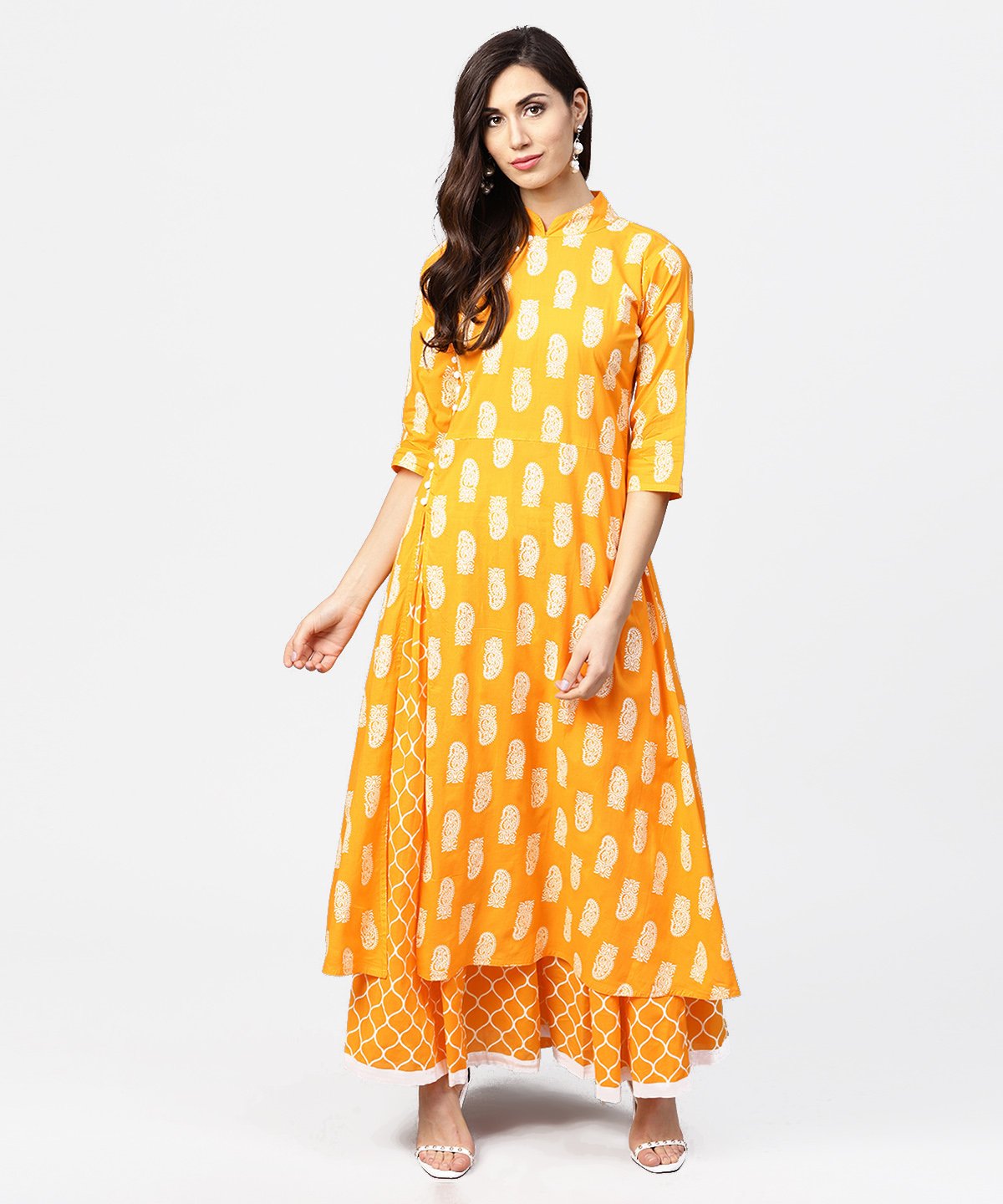 Yellow Printed 3/4Th Sleeve Cotton A-Line Kurta With Flared Ankle Length Skirt | LASVINI - Redefining Indian Fashion with Elegance