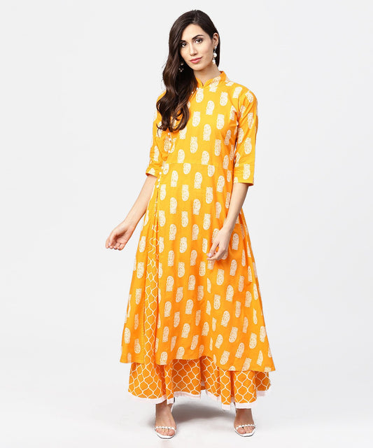 Yellow Printed 3/4Th Sleeve Cotton A-Line Kurta With Flared Ankle Length Skirt | LASVINI - Redefining Indian Fashion with Elegance