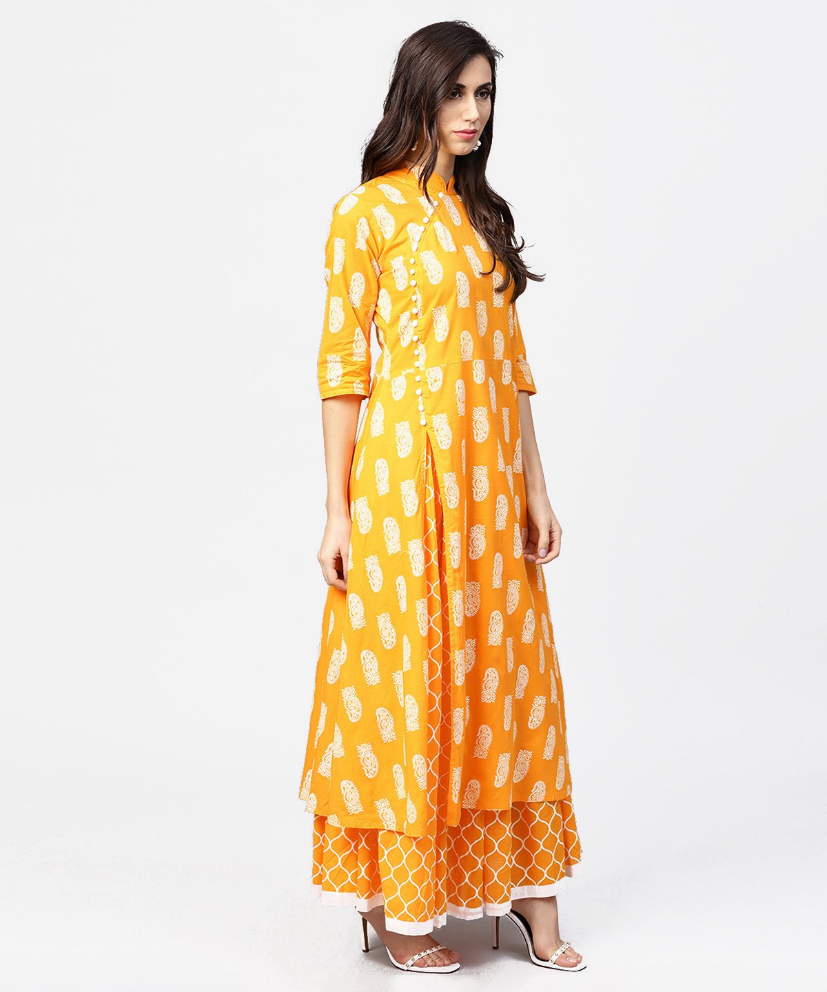 Yellow Printed 3/4Th Sleeve Cotton A-Line Kurta With Flared Ankle Length Skirt | LASVINI - Redefining Indian Fashion with Elegance