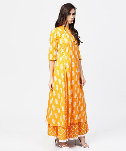 Yellow Printed 3/4Th Sleeve Cotton A-Line Kurta With Flared Ankle Length Skirt | LASVINI - Redefining Indian Fashion with Elegance