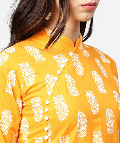 Yellow Printed 3/4Th Sleeve Cotton A-Line Kurta With Flared Ankle Length Skirt | LASVINI - Redefining Indian Fashion with Elegance