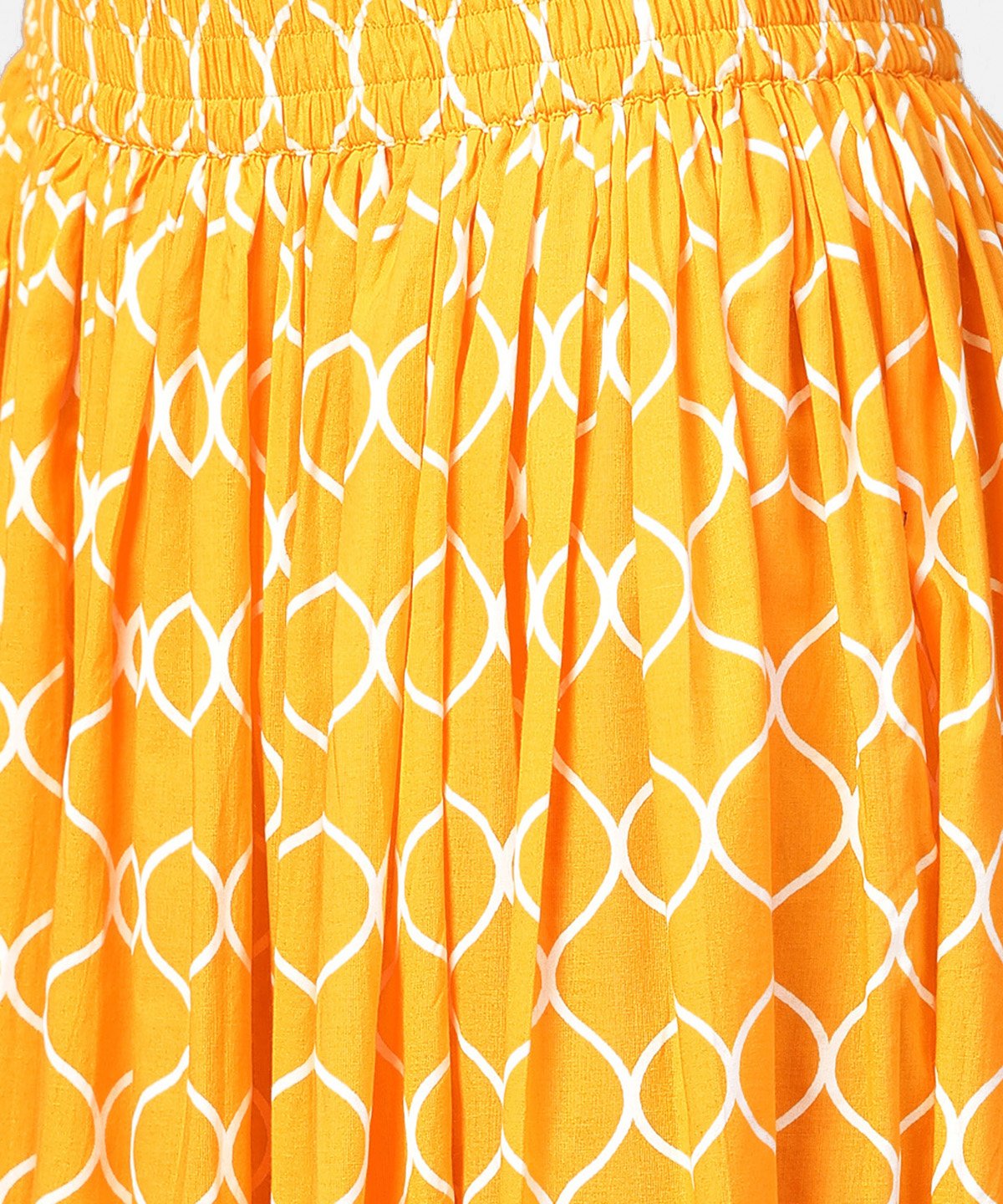 Yellow Printed 3/4Th Sleeve Cotton A-Line Kurta With Flared Ankle Length Skirt | LASVINI - Redefining Indian Fashion with Elegance
