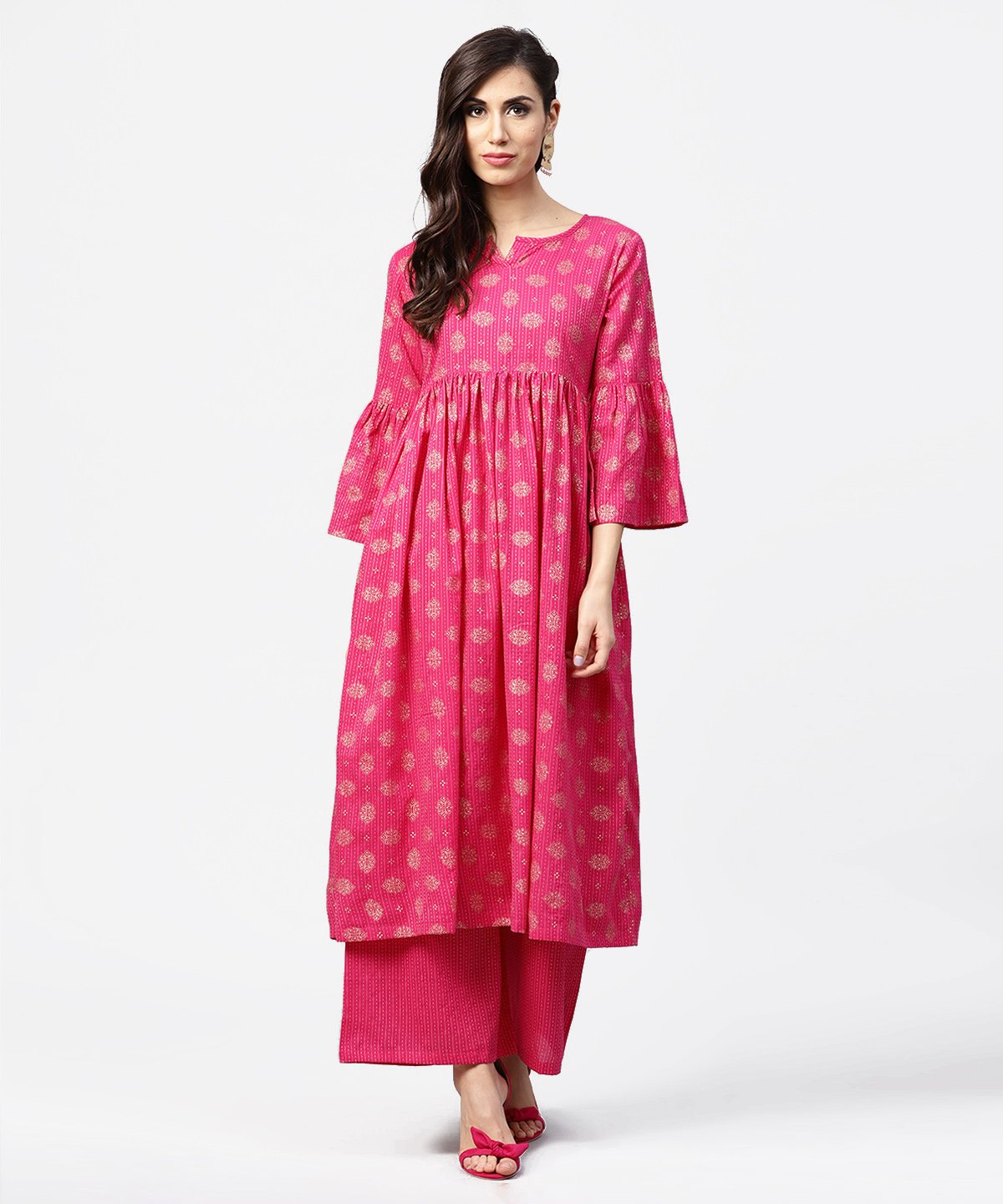 Pink 3/4Th Flared Sleeve Cotton Anarkali Kurta With Ankle Length Pallazo | LASVINI - Redefining Indian Fashion with Elegance