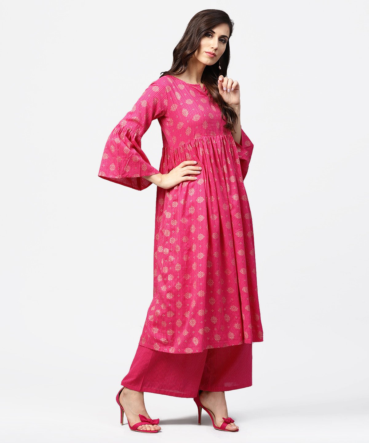 Pink 3/4Th Flared Sleeve Cotton Anarkali Kurta With Ankle Length Pallazo | LASVINI - Redefining Indian Fashion with Elegance