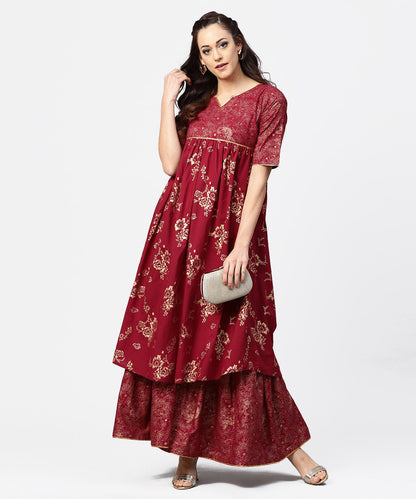 Red Printed Half Sleeve Cotton A-Line Kurta With Sharara | LASVINI - Redefining Indian Fashion with Elegance
