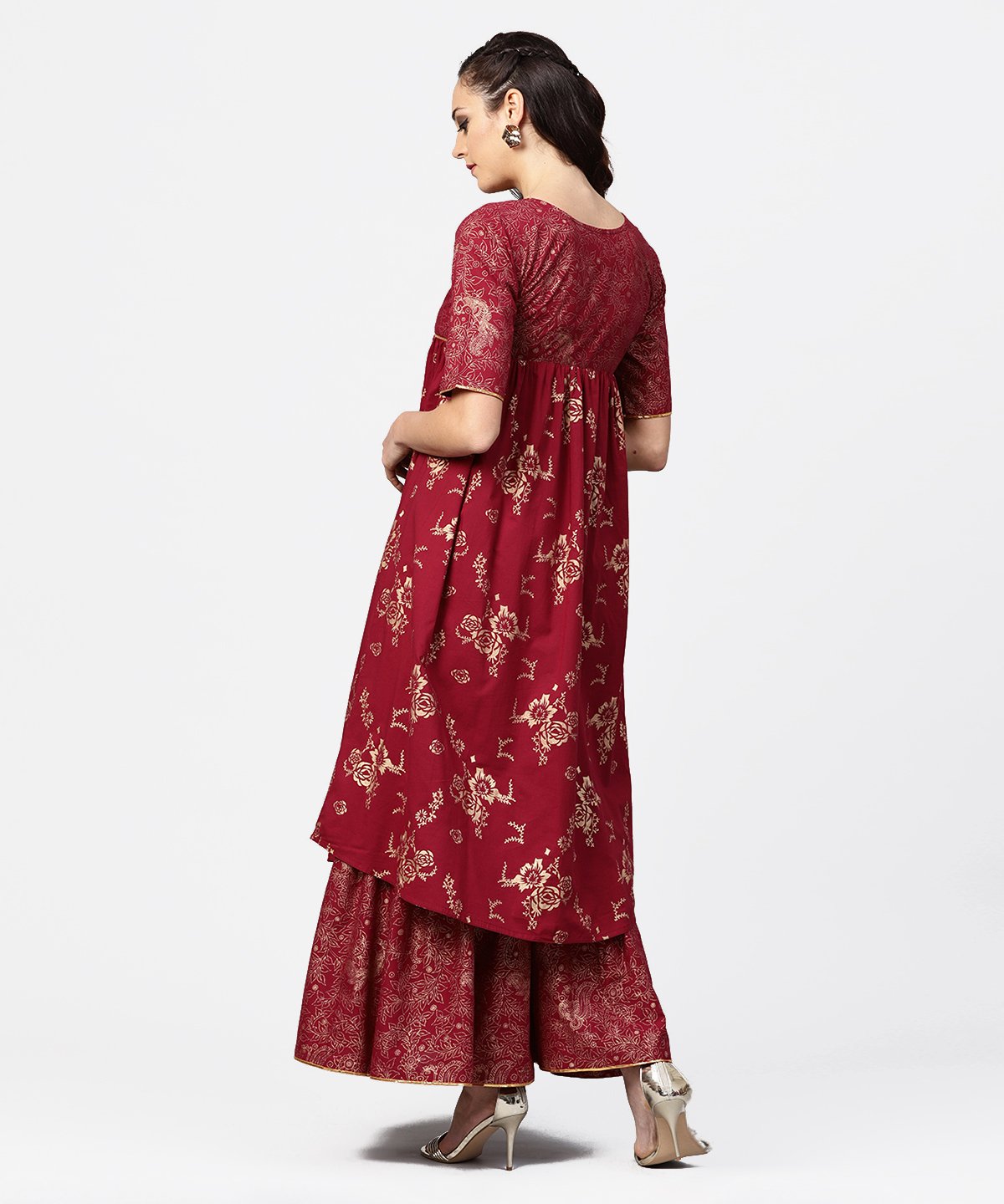 Red Printed Half Sleeve Cotton A-Line Kurta With Sharara | LASVINI - Redefining Indian Fashion with Elegance