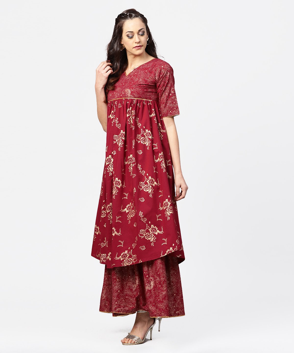 Red Printed Half Sleeve Cotton A-Line Kurta With Sharara | LASVINI - Redefining Indian Fashion with Elegance