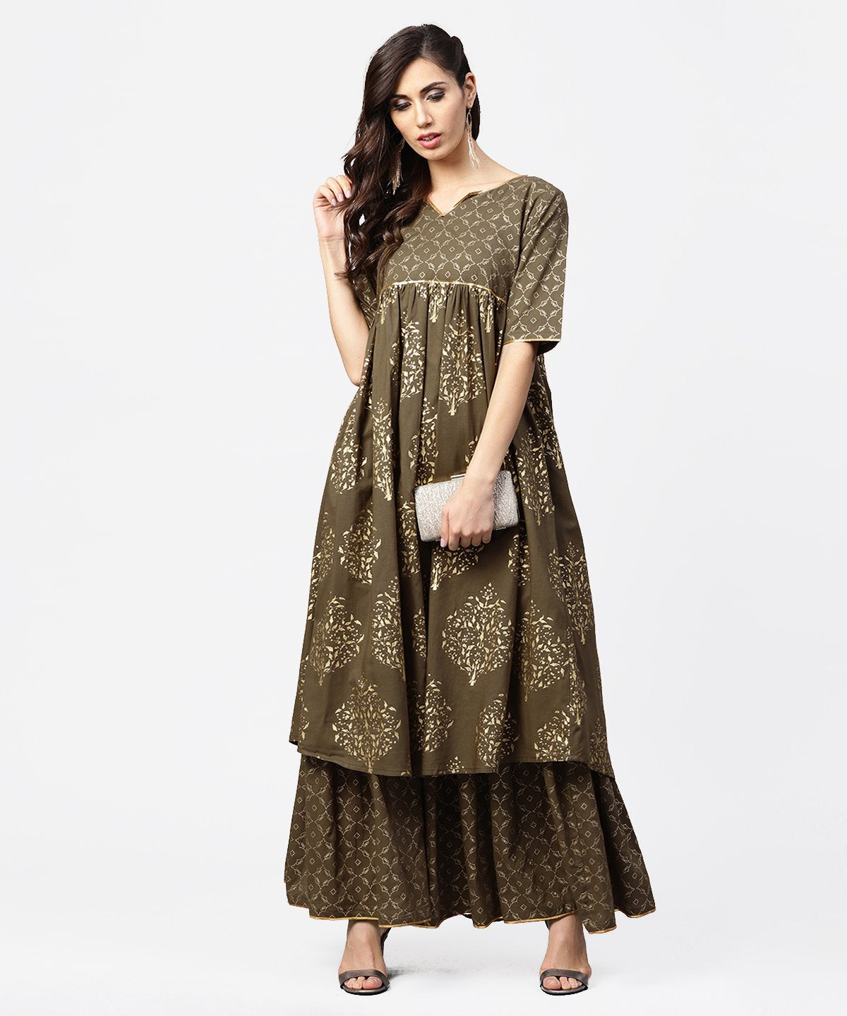 Dark Brown Printed Half Skeeve A-Line Kurta With Sharara | LASVINI - Redefining Indian Fashion with Elegance