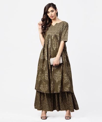 Dark Brown Printed Half Skeeve A-Line Kurta With Sharara | LASVINI - Redefining Indian Fashion with Elegance