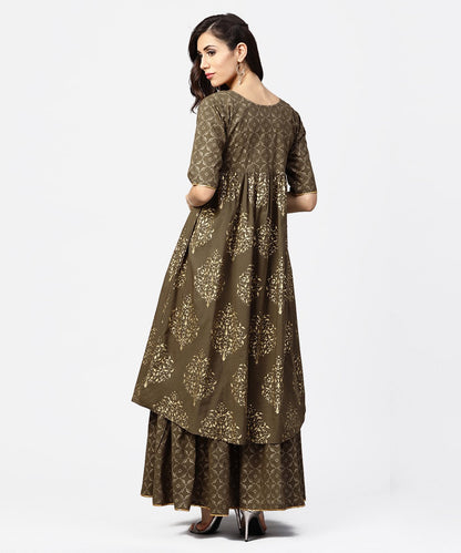 Dark Brown Printed Half Skeeve A-Line Kurta With Sharara | LASVINI - Redefining Indian Fashion with Elegance