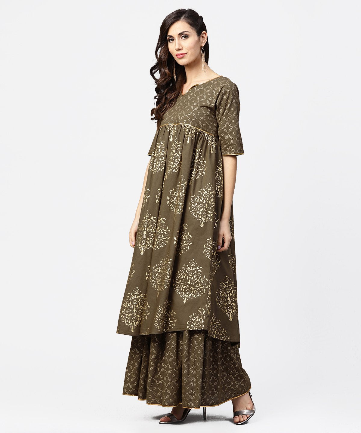 Dark Brown Printed Half Skeeve A-Line Kurta With Sharara | LASVINI - Redefining Indian Fashion with Elegance