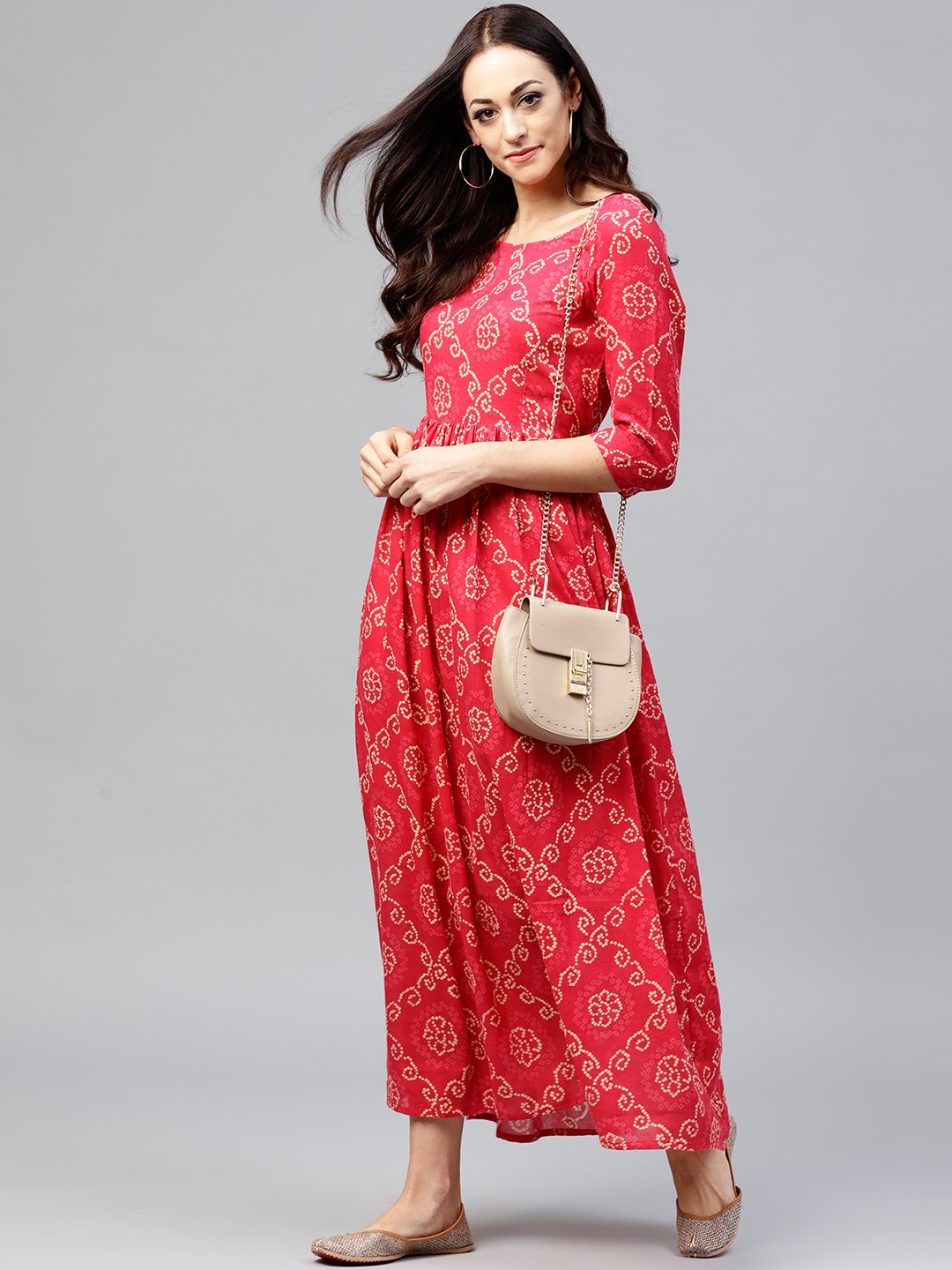 Red Printed Maxi Dress With Round Neck And 3/4 Sleeves | LASVINI - Redefining Indian Fashion with Elegance