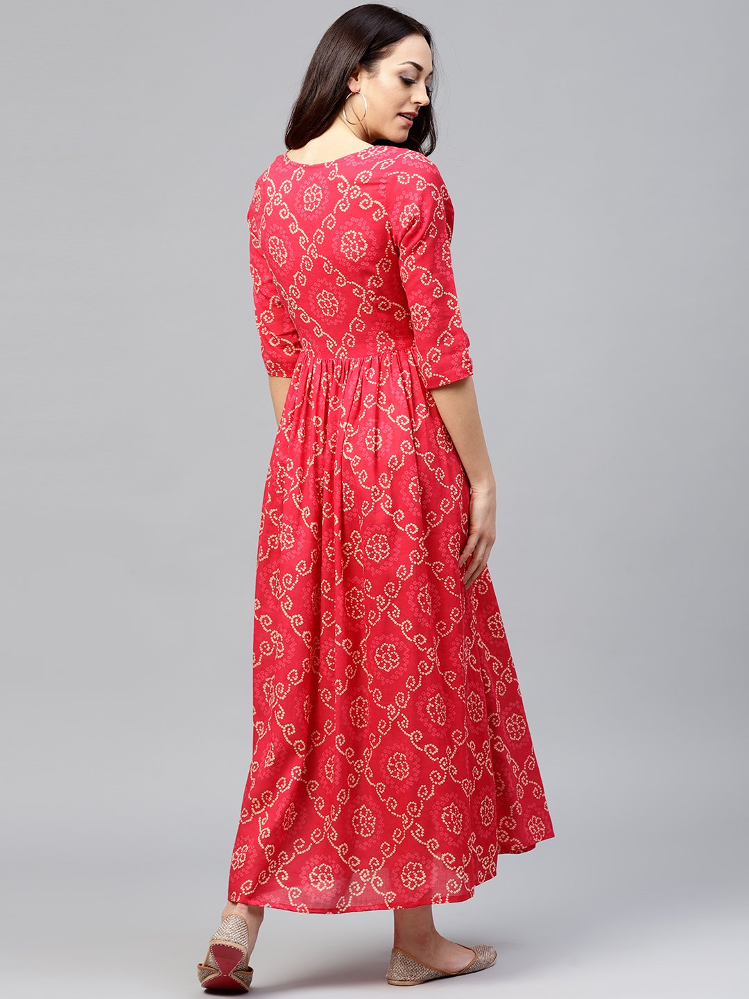 Red Printed Maxi Dress With Round Neck And 3/4 Sleeves | LASVINI - Redefining Indian Fashion with Elegance