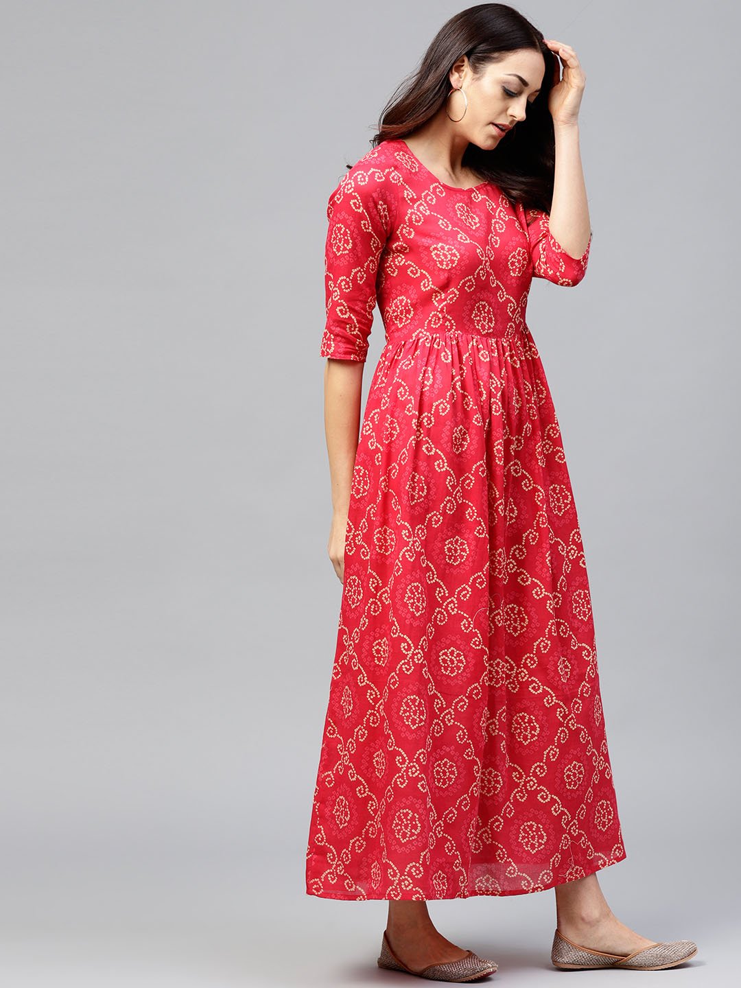 Red Printed Maxi Dress With Round Neck And 3/4 Sleeves | LASVINI - Redefining Indian Fashion with Elegance