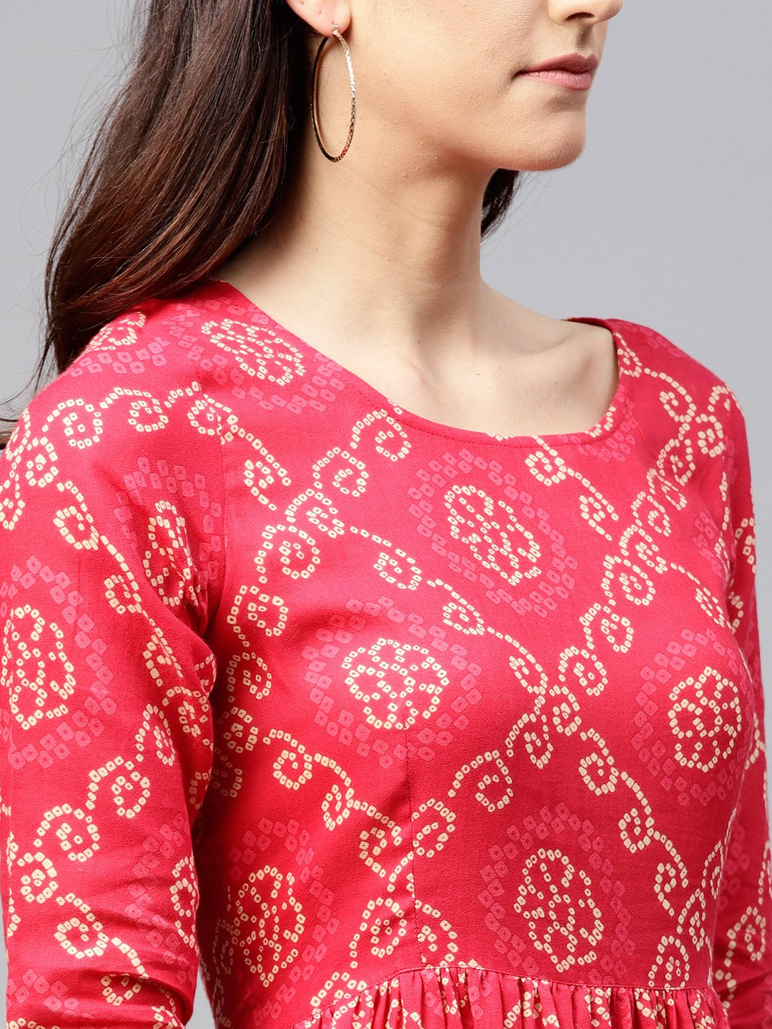 Red Printed Maxi Dress With Round Neck And 3/4 Sleeves | LASVINI - Redefining Indian Fashion with Elegance