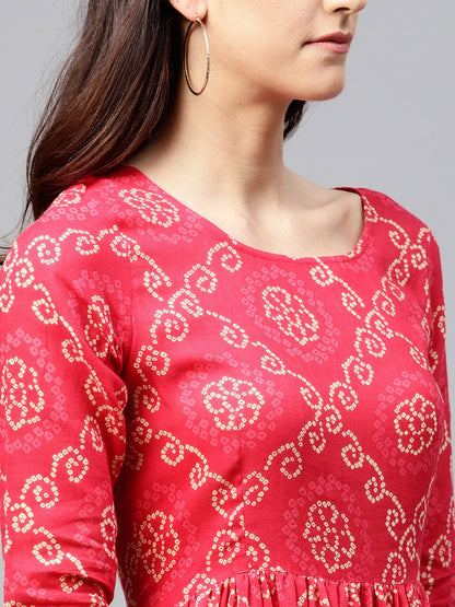 Red Printed Maxi Dress With Round Neck And 3/4 Sleeves | LASVINI - Redefining Indian Fashion with Elegance