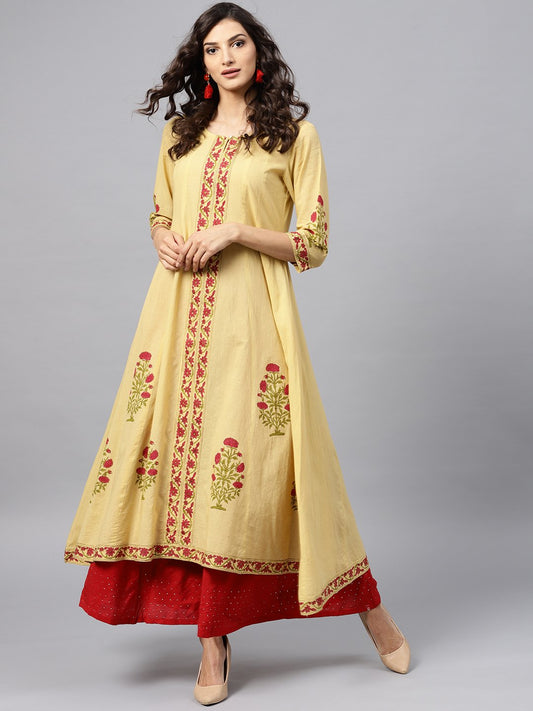 Cream Block Printed 3/4Th Sleeve Panel Cut A-Line Kurta | LASVINI - Redefining Indian Fashion with Elegance