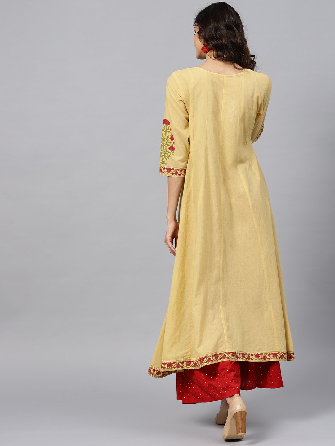Cream Block Printed 3/4Th Sleeve Panel Cut A-Line Kurta | LASVINI - Redefining Indian Fashion with Elegance
