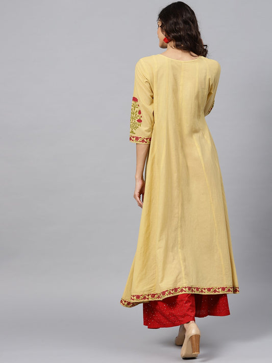 Cream Block Printed 3/4Th Sleeve Panel Cut A-Line Kurta | LASVINI - Redefining Indian Fashion with Elegance