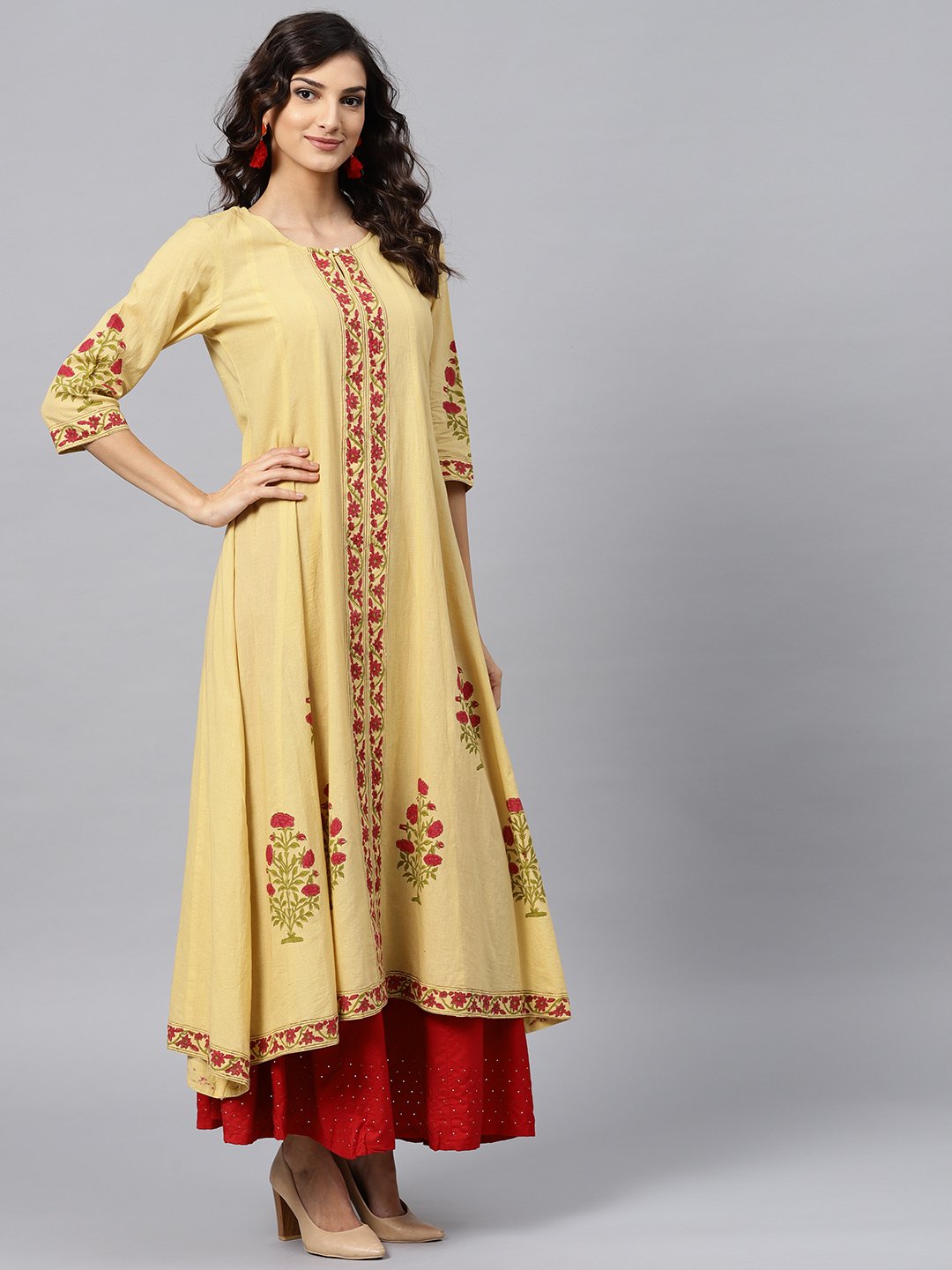 Cream Block Printed 3/4Th Sleeve Panel Cut A-Line Kurta | LASVINI - Redefining Indian Fashion with Elegance