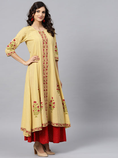 Cream Block Printed 3/4Th Sleeve Panel Cut A-Line Kurta | LASVINI - Redefining Indian Fashion with Elegance
