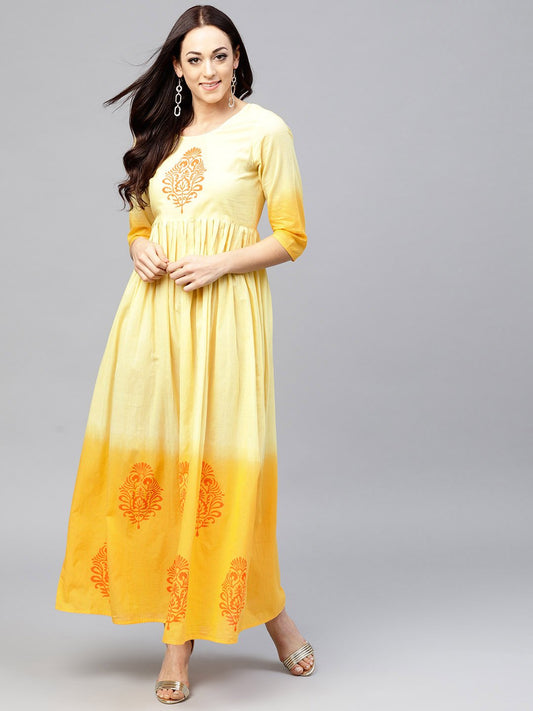 Yellow Ombre Dyed Maxi Dress With Round Neck And 3/4 Sleeves | LASVINI - Redefining Indian Fashion with Elegance