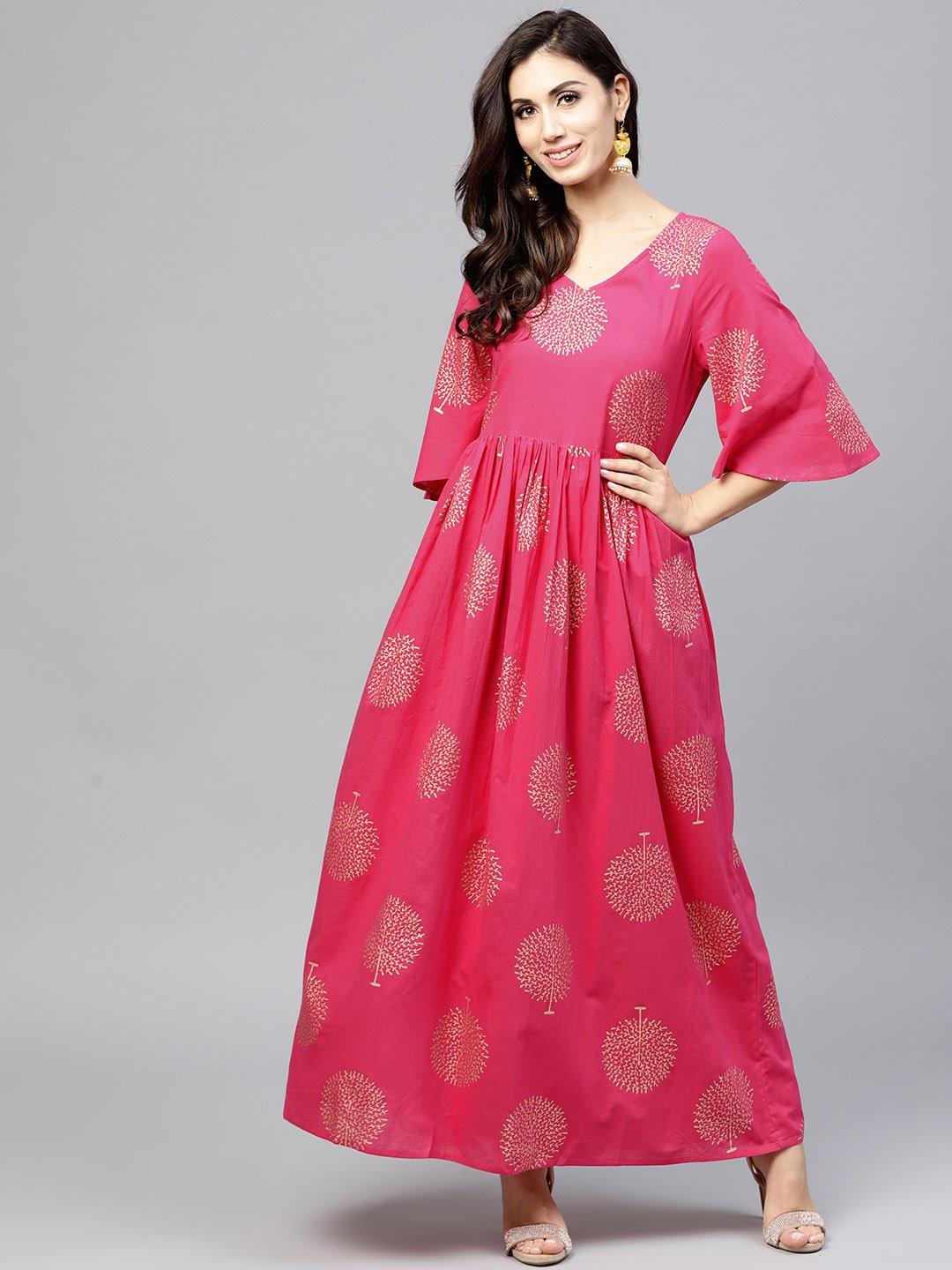 Magenta Printed Maxi Dress With V-Neck And Flared Half Slevees | LASVINI - Redefining Indian Fashion with Elegance