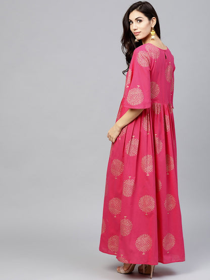 Magenta Printed Maxi Dress With V-Neck And Flared Half Slevees | LASVINI - Redefining Indian Fashion with Elegance