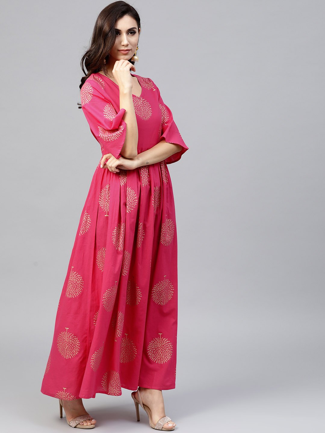 Magenta Printed Maxi Dress With V-Neck And Flared Half Slevees | LASVINI - Redefining Indian Fashion with Elegance